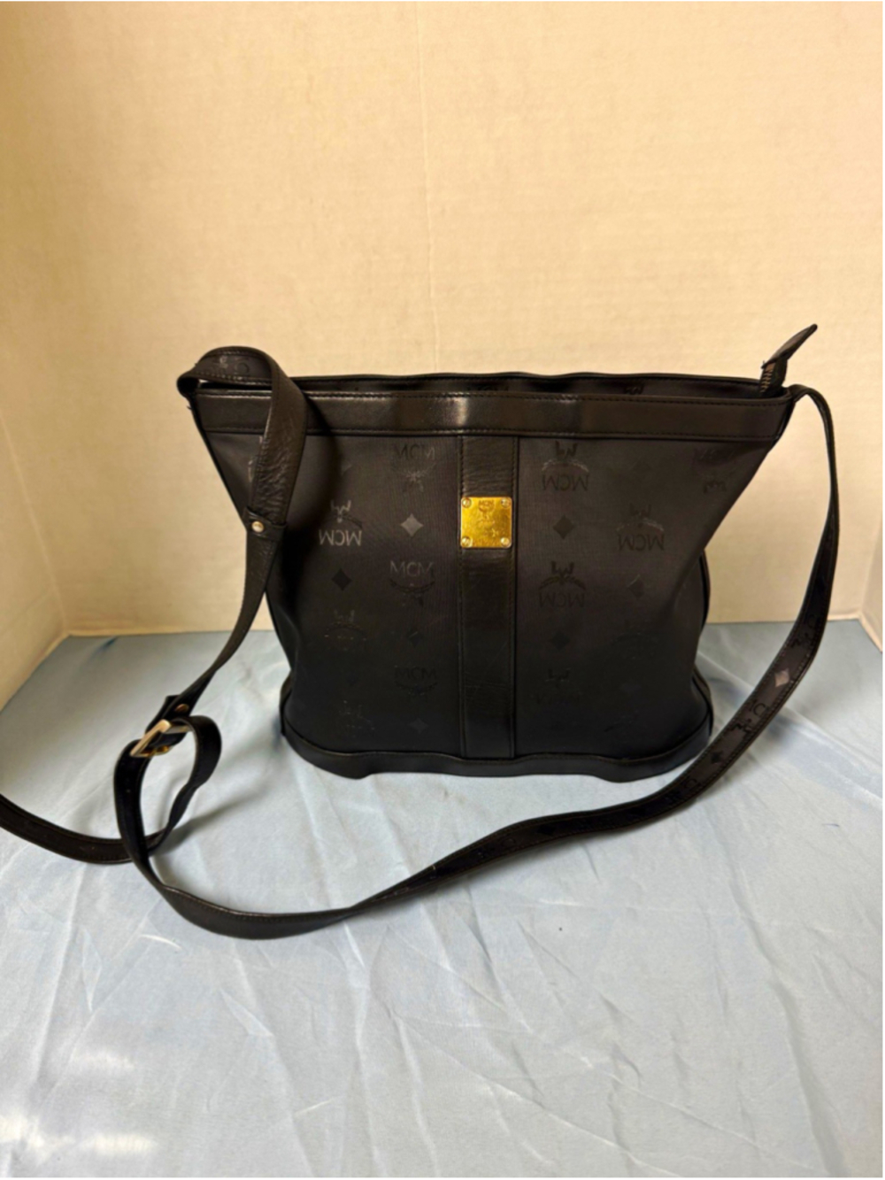 MCM Black Logo Print Shoulder Bag with Adjustable Strap Zip & Gold Hardware